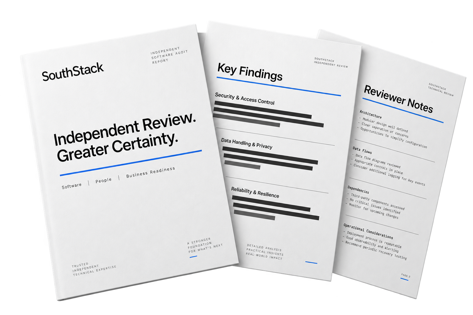 A SouthStack independent software audit report with key findings and reviewer notes